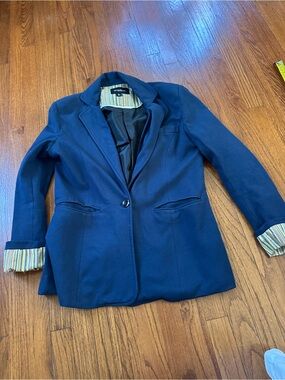 Boom Boom Jeans Navy Single-Button Women's Blazer with Striped Cuff Detail